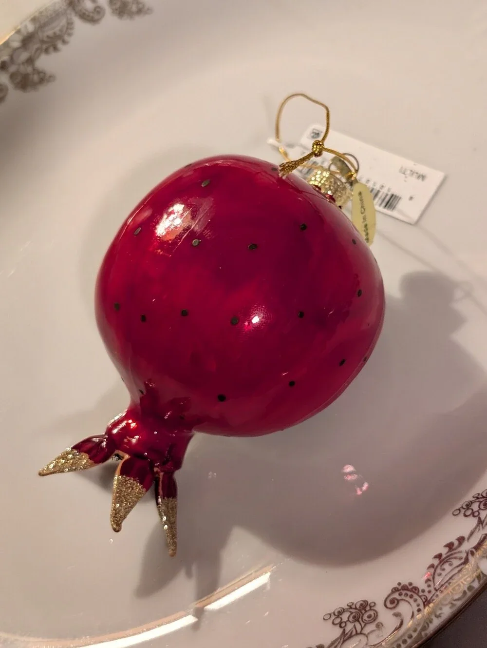 Glass Red Pomegranate Holiday Ornament with Sparkle